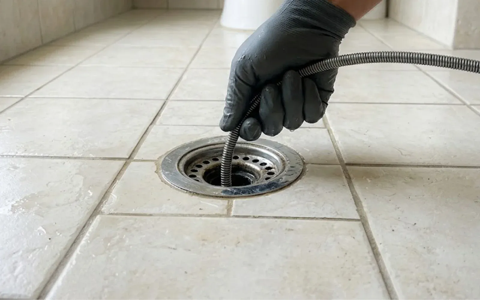 Plumber feeding a drain cable into a tiled floor drain