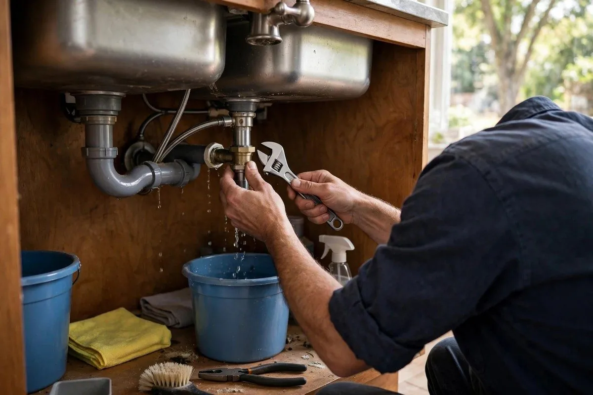 Plumber using a wrench on the supply valves under a double kitchen sink
