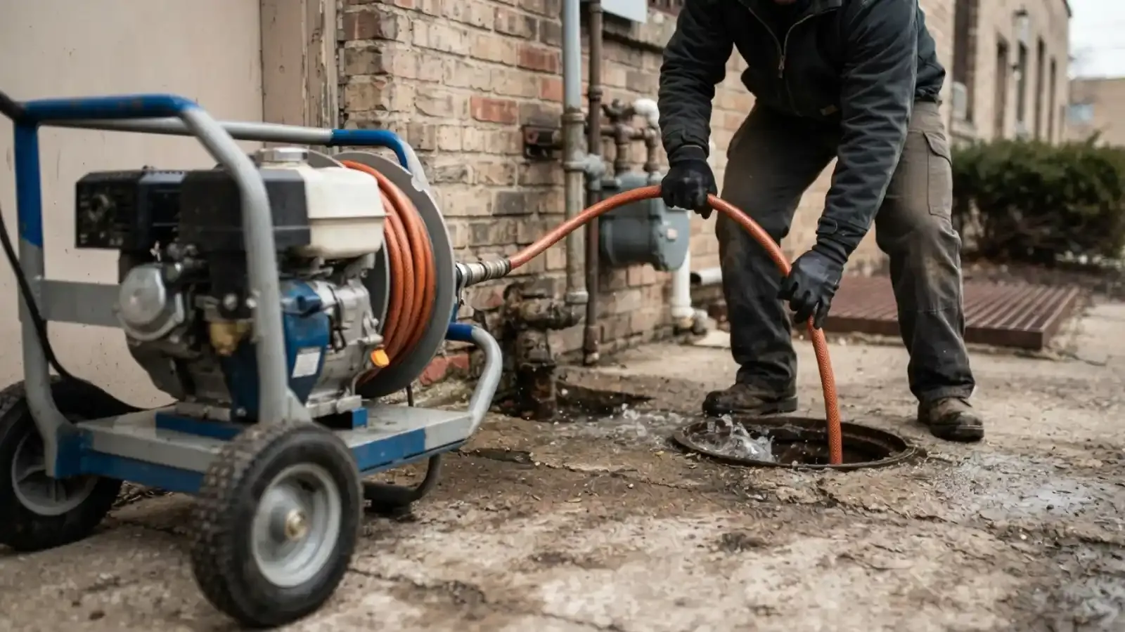 Plumber guiding a jetting hose from a pressure machine into a drain opening