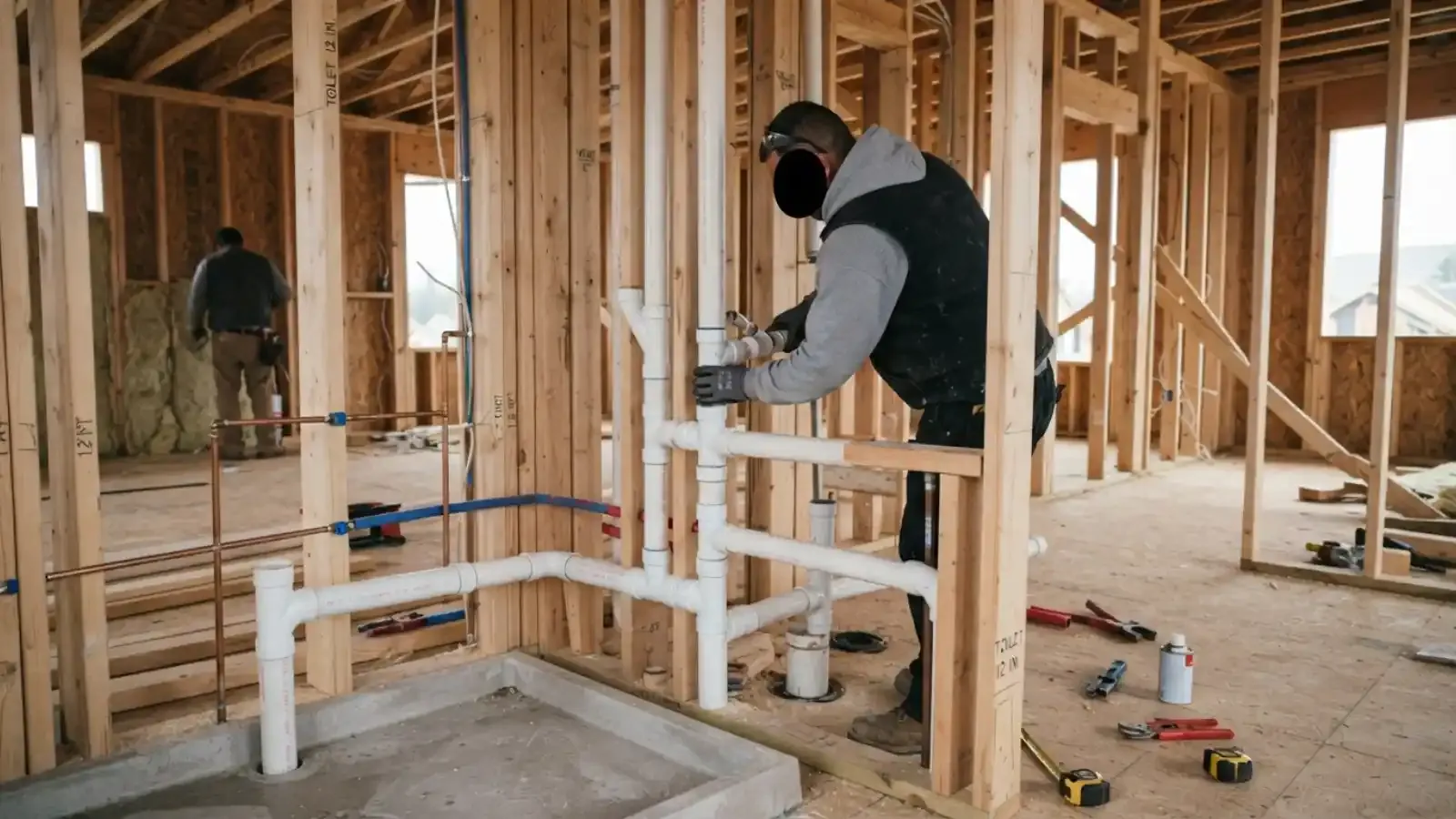 Plumber installing white drain pipe and supply lines in a framed house