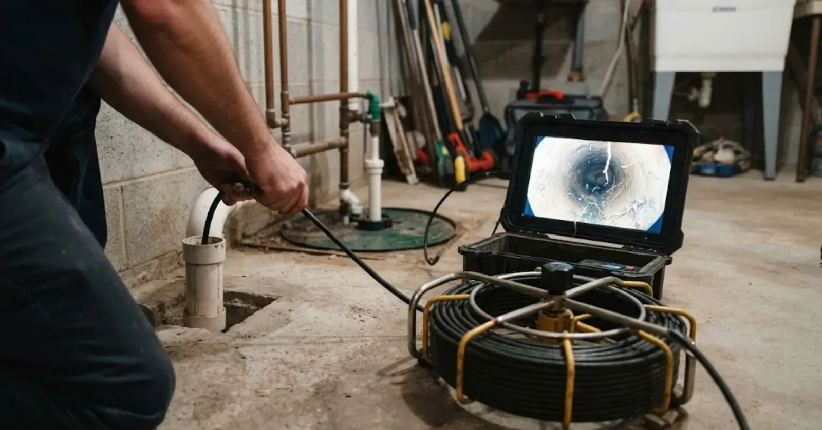 Plumber lowering a camera cable from a reel into a cleanout with the monitor showing the pipe