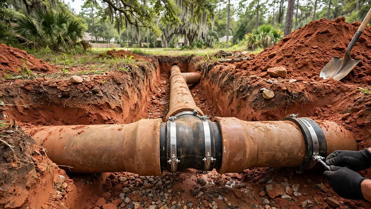 Exposed sewer pipe in a red clay trench with a rubber coupling clamp