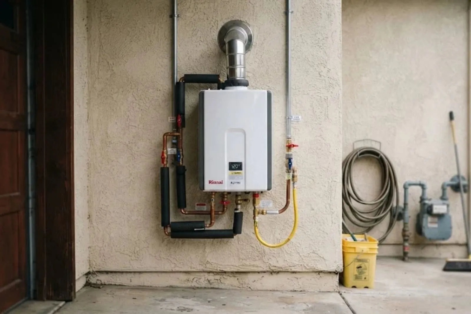 Wall-mounted tankless water heater with vent pipe and gas line in a garage