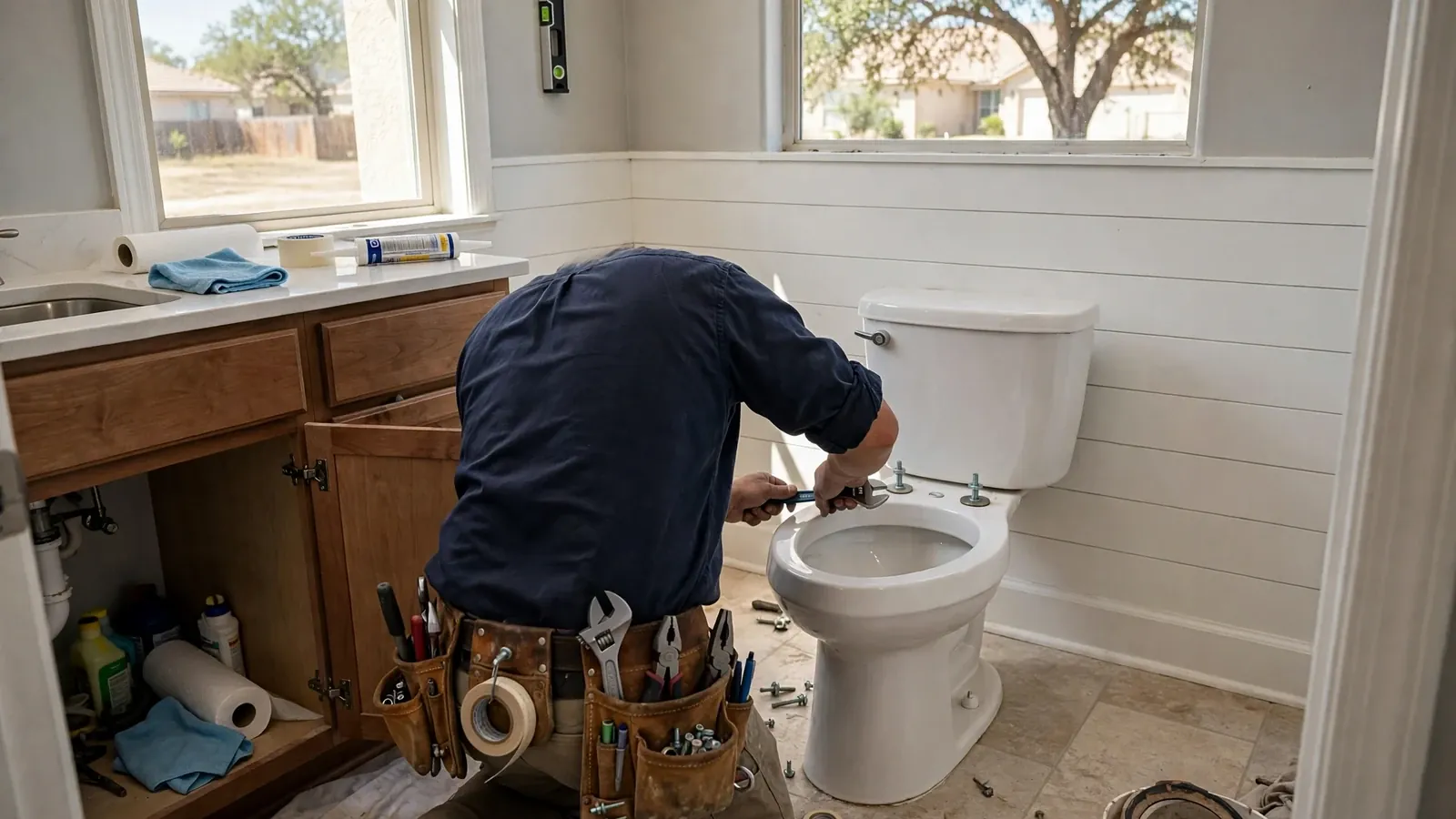 Plumber in a navy shirt repairing a toilet in a bathroom