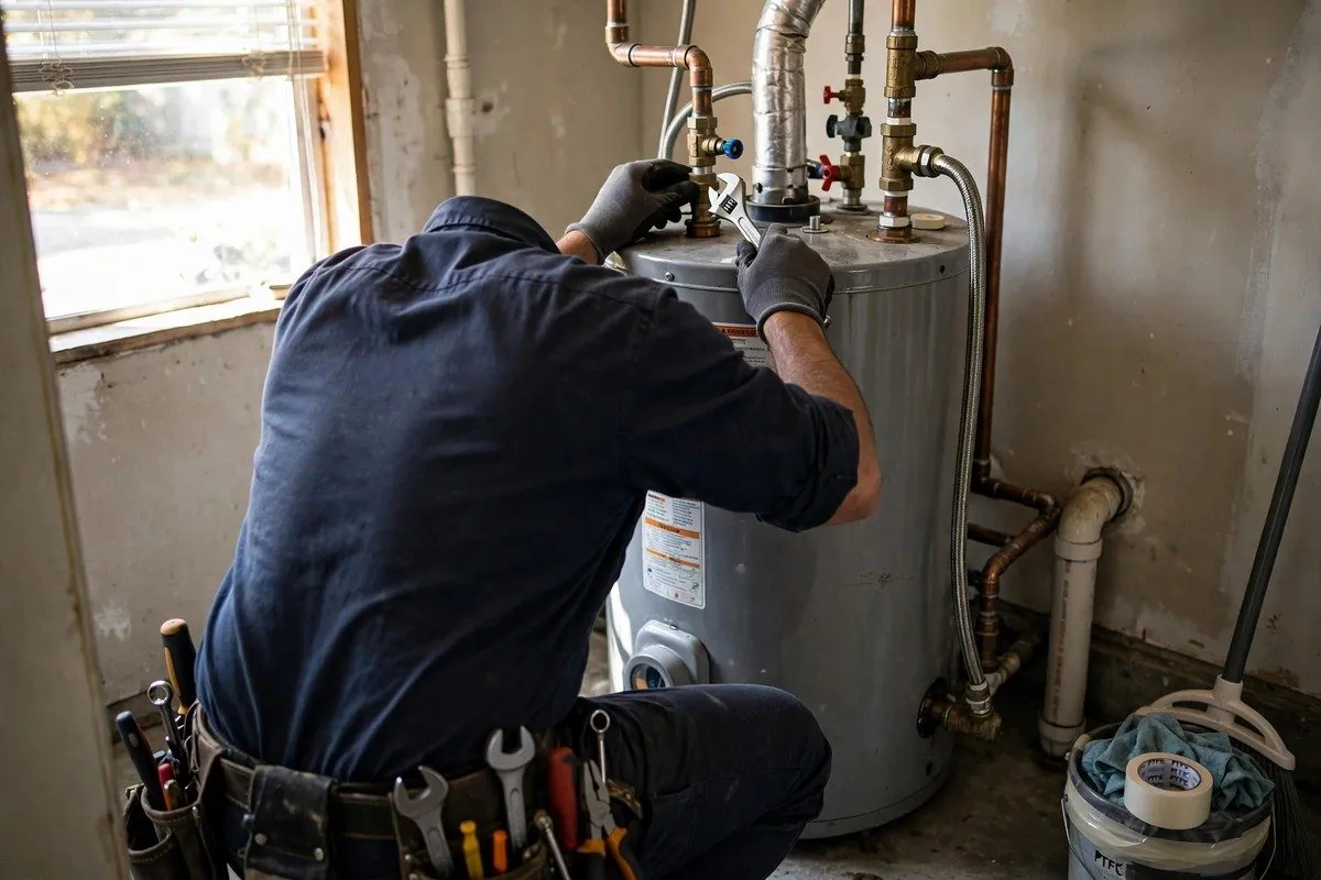 Plumber in a navy uniform working on a tank water heater