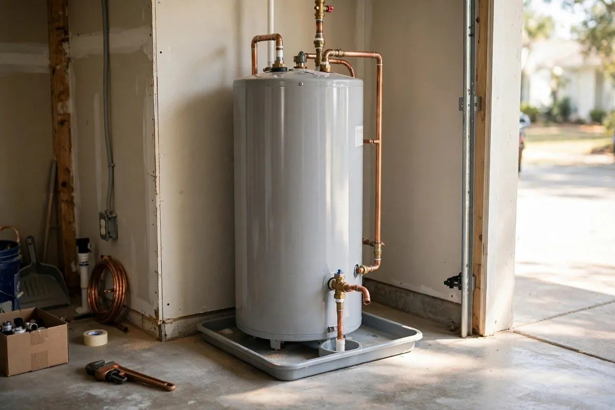 Gas tank water heater standing on a drain pan in a garage